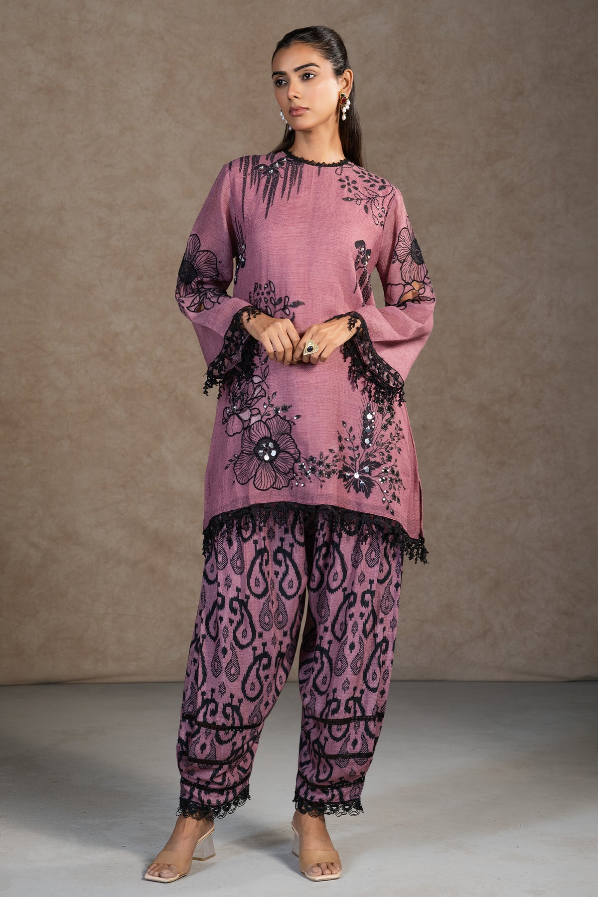 Full length elegant silhouette of contemporary Dusty Pink Linen Floral Printed Co-Ord Set