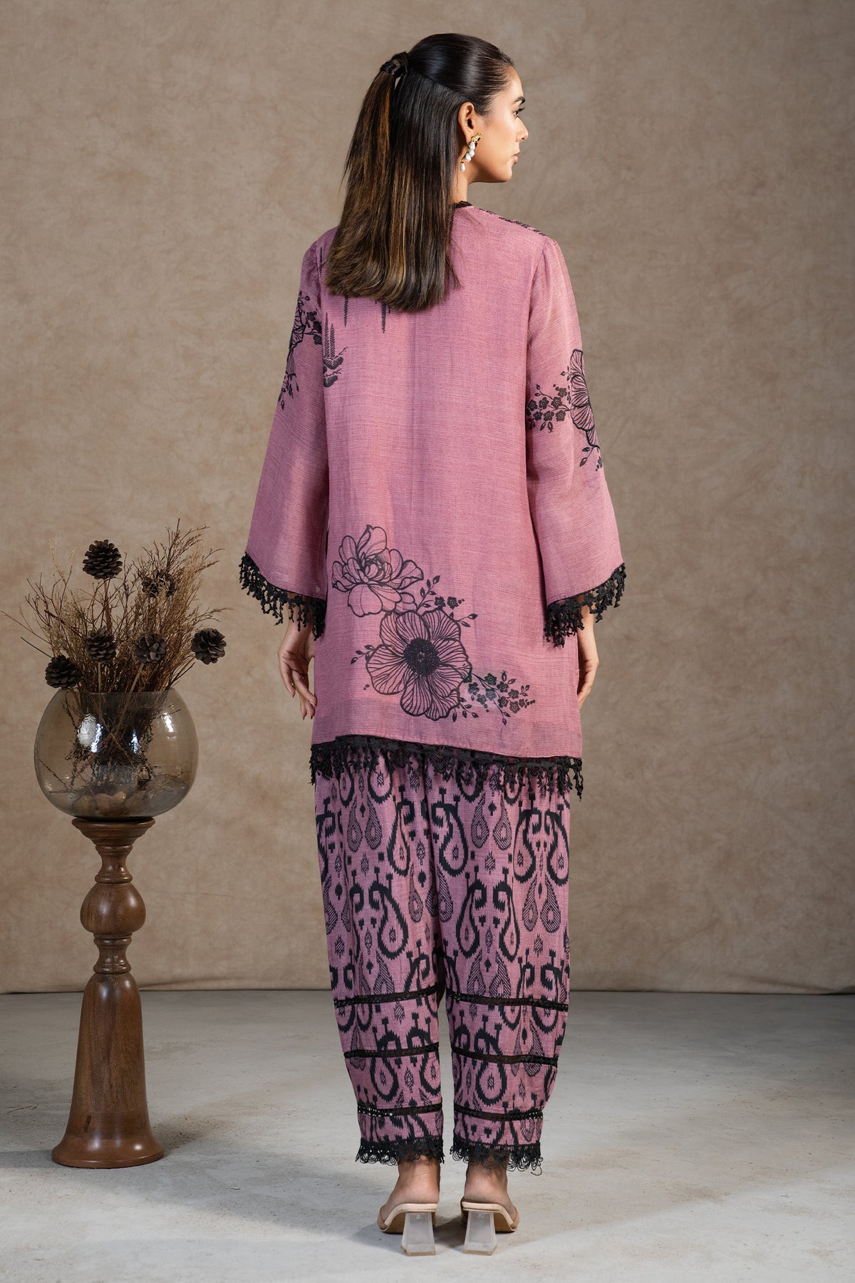 Dusty Pink Linen Floral Printed Co-Ord Set - pink linen saree