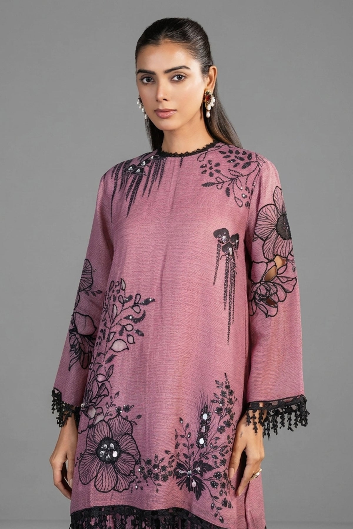 Close up of the vibrant floral print and breathable fabric on Dusty Pink Linen Co-Ord Set