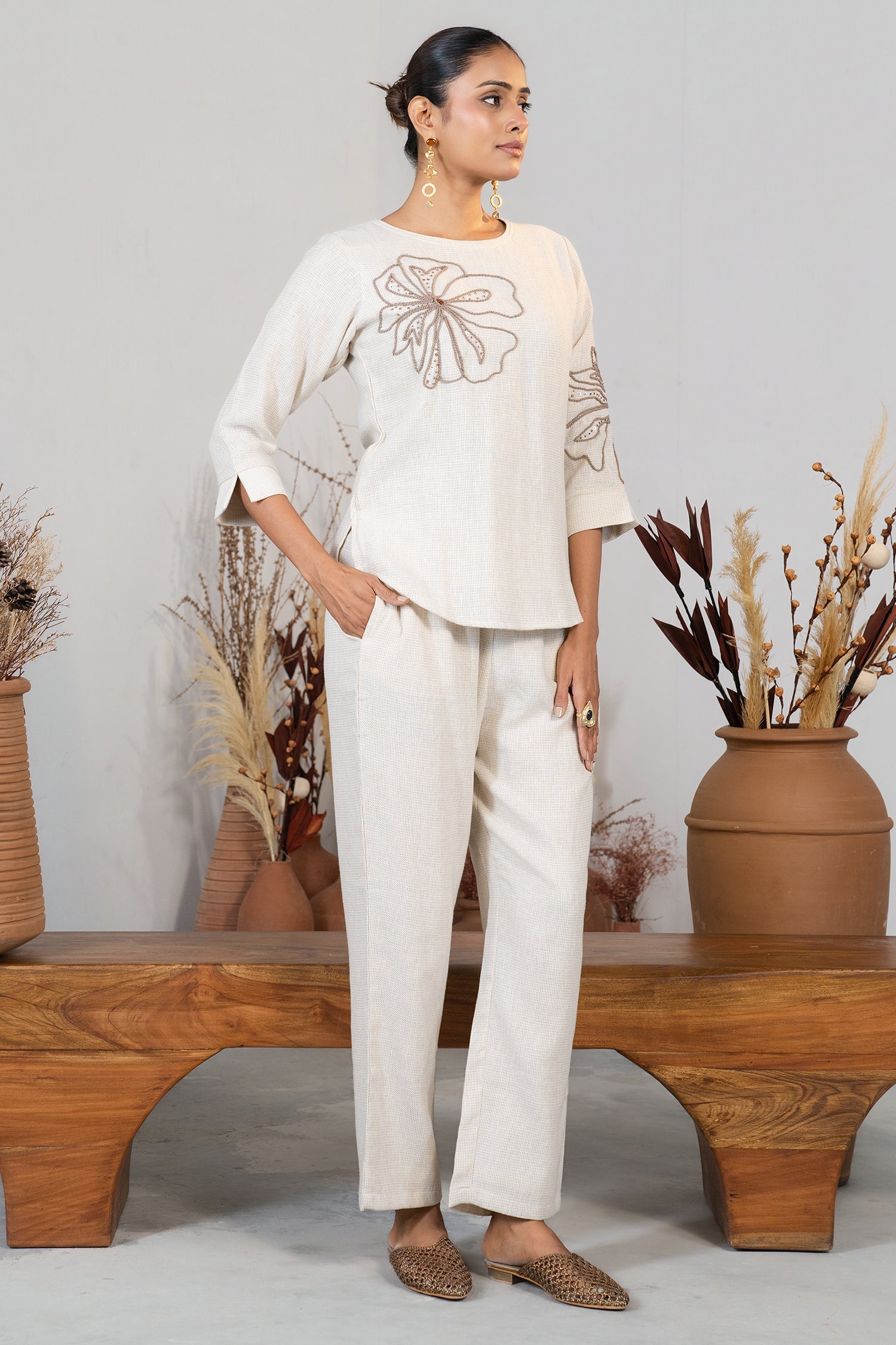 Intricate needlework and styling details of Ivory Jute Embroidered Co-Ord Set