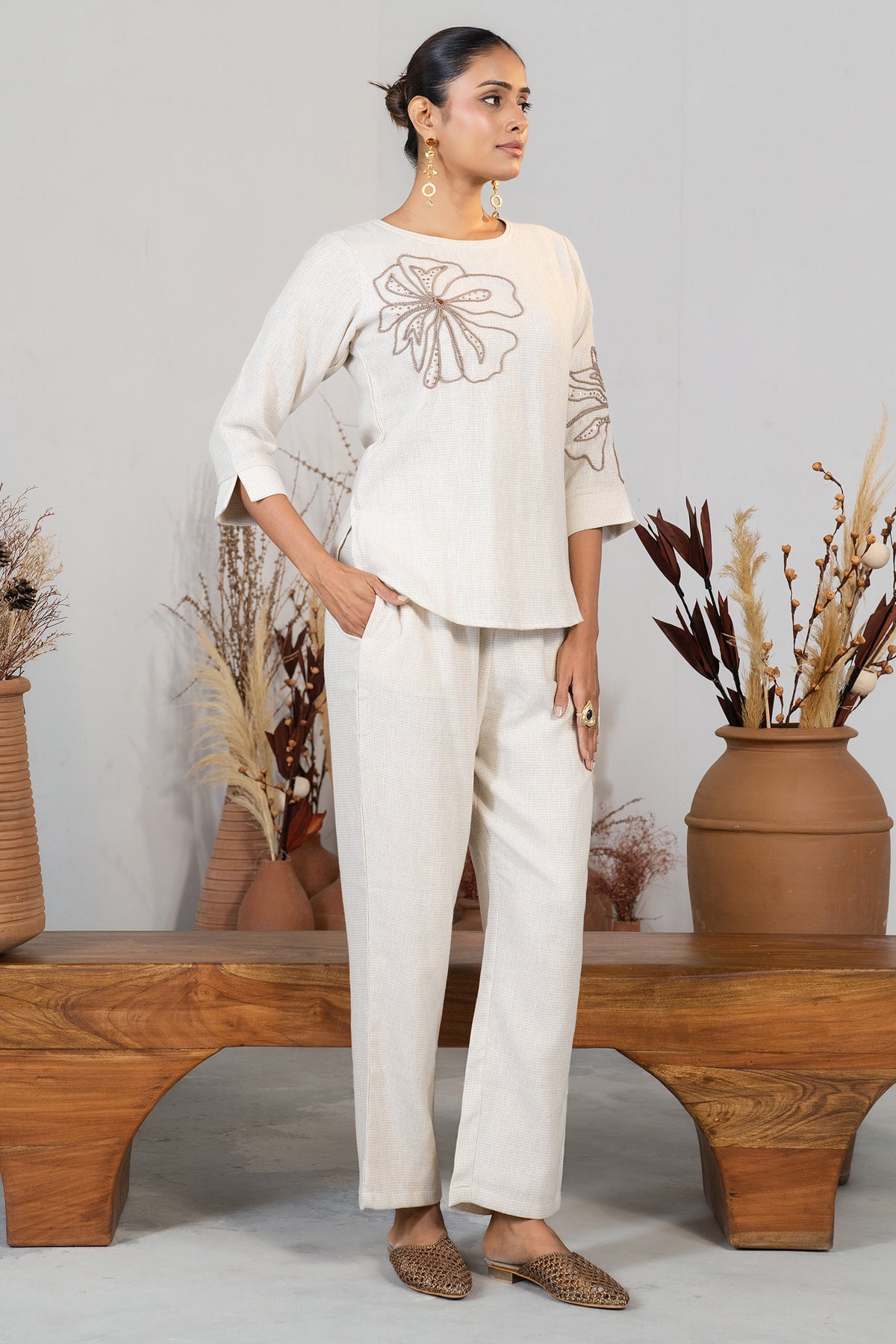 Intricate needlework and styling details of Ivory Jute Embroidered Co-Ord Set