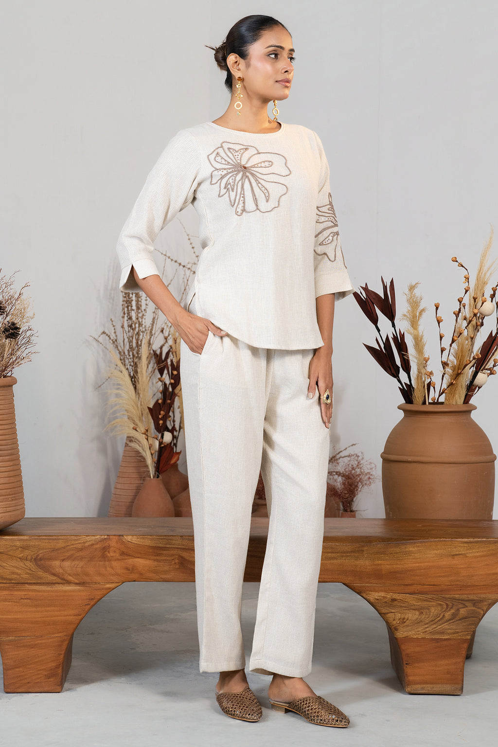 Intricate needlework and styling details of Ivory Jute Embroidered Co-Ord Set