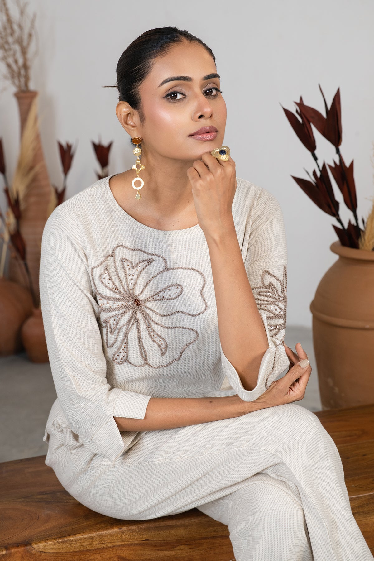 Artisanal Ivory Jute Embroidered Co-Ord Set for women festive wear