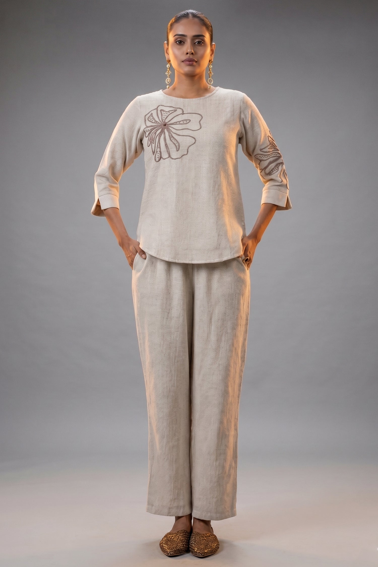 Ivory Jute Embroidered Co-Ord Set front view luxury traditional tailoring