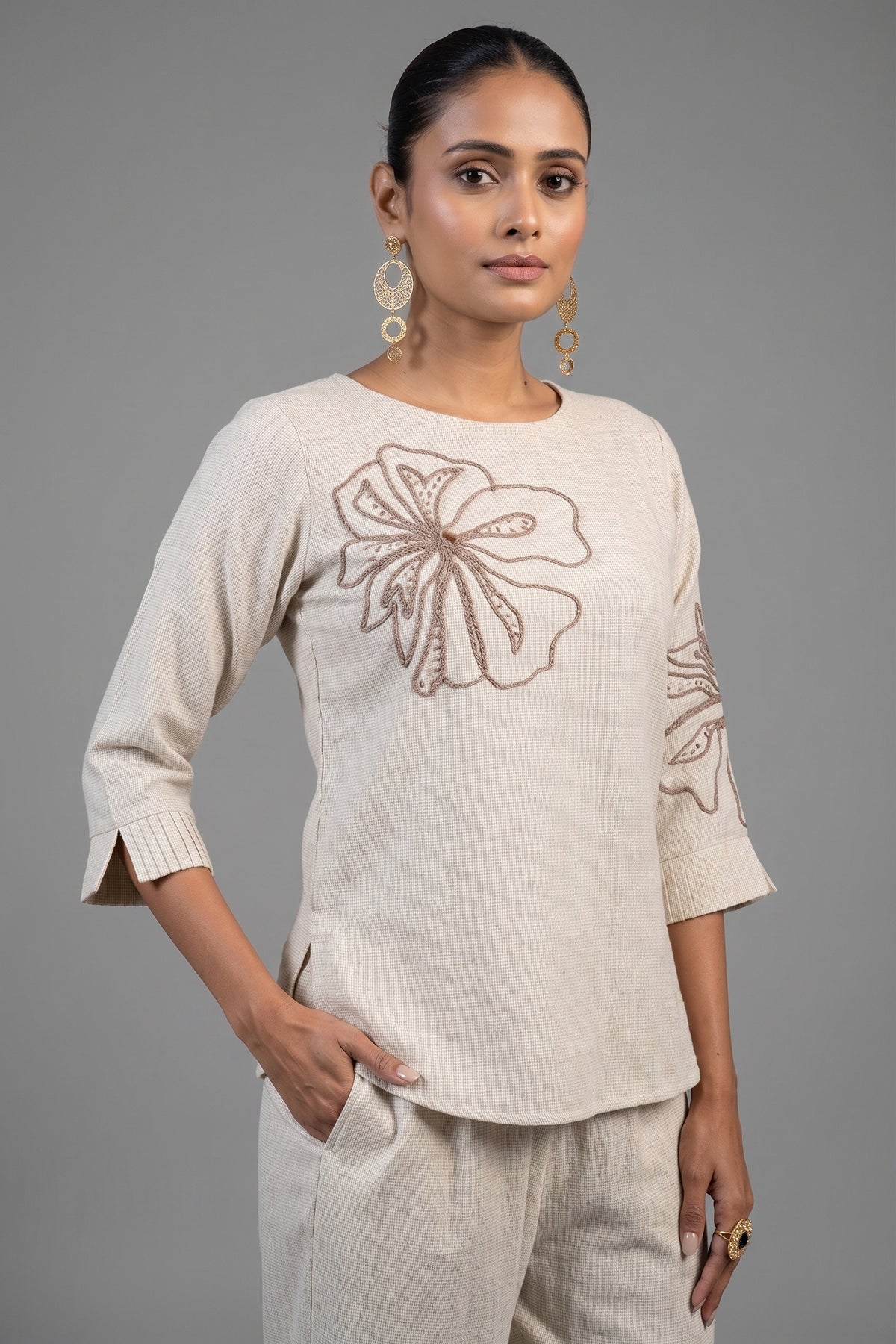 Close up of premium breathable fabric on Ivory Jute Embroidered Co-Ord Set