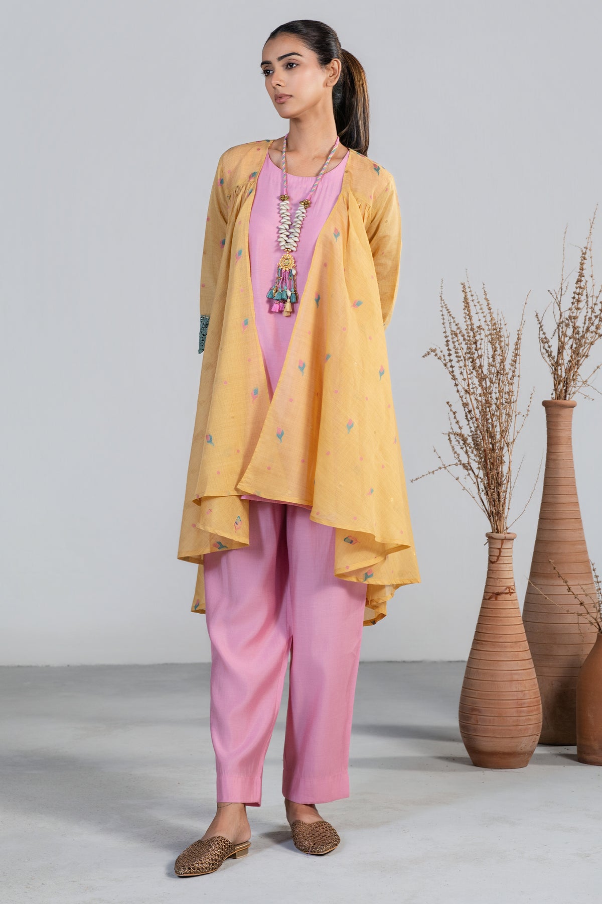Close up of premium breathable fabric on Light Pink and Orange Co-Ord Set with Jacket