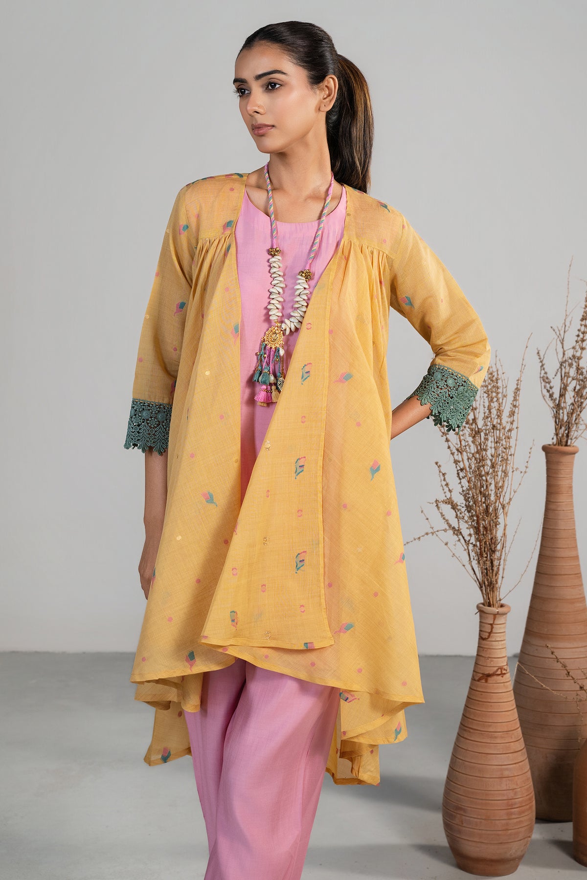 Styling details of the elegant Light Pink and Orange Co-Ord Set with Jacket