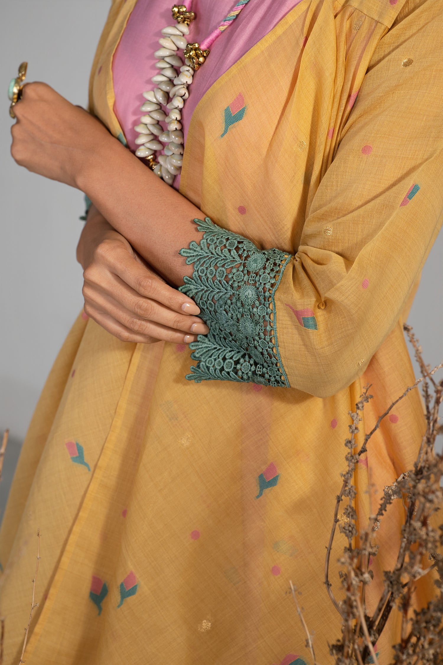 Vibrant floral print on Light Pink and Orange Co-Ord Set with Jacket for women
