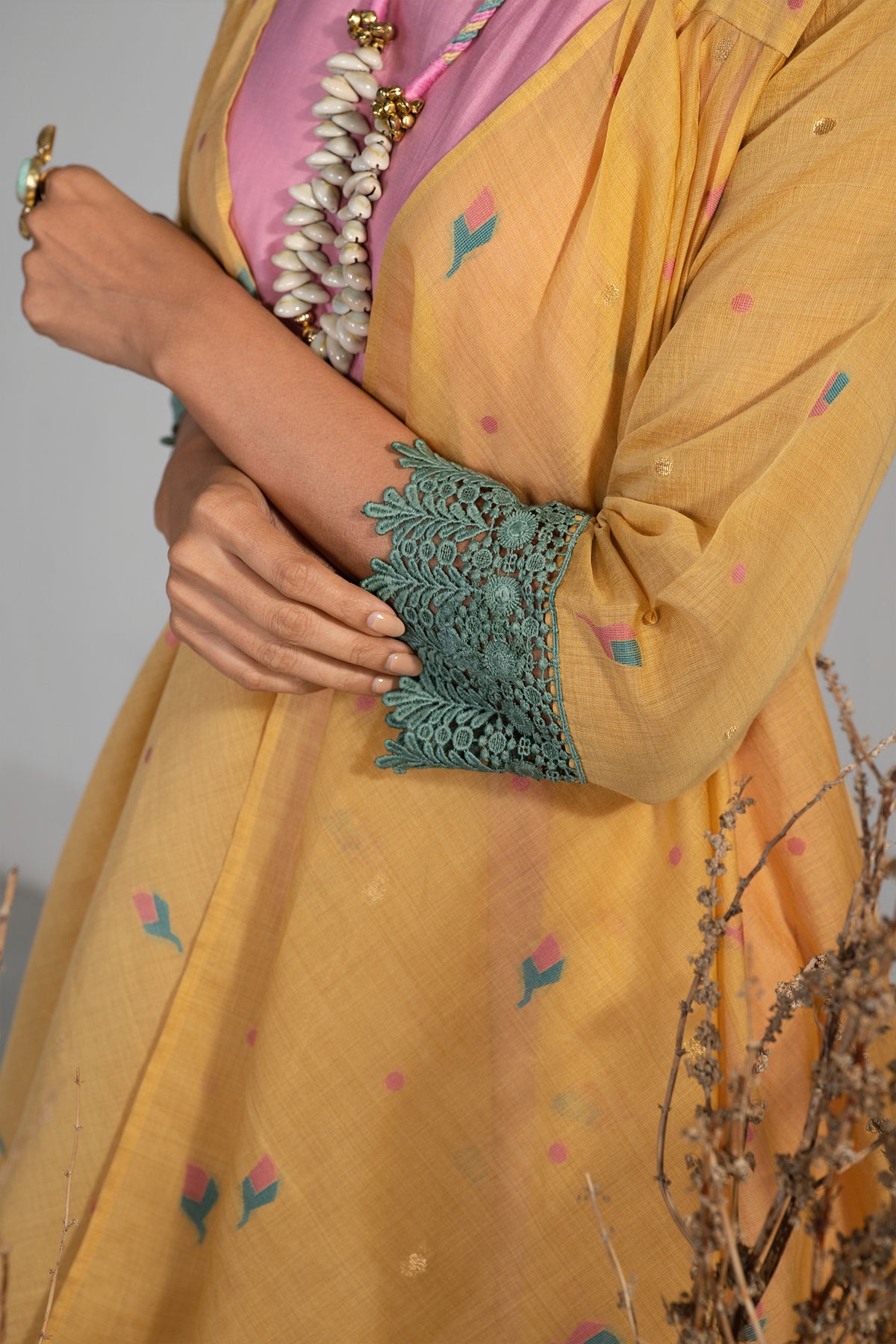 Vibrant floral print on Light Pink and Orange Co-Ord Set with Jacket for women