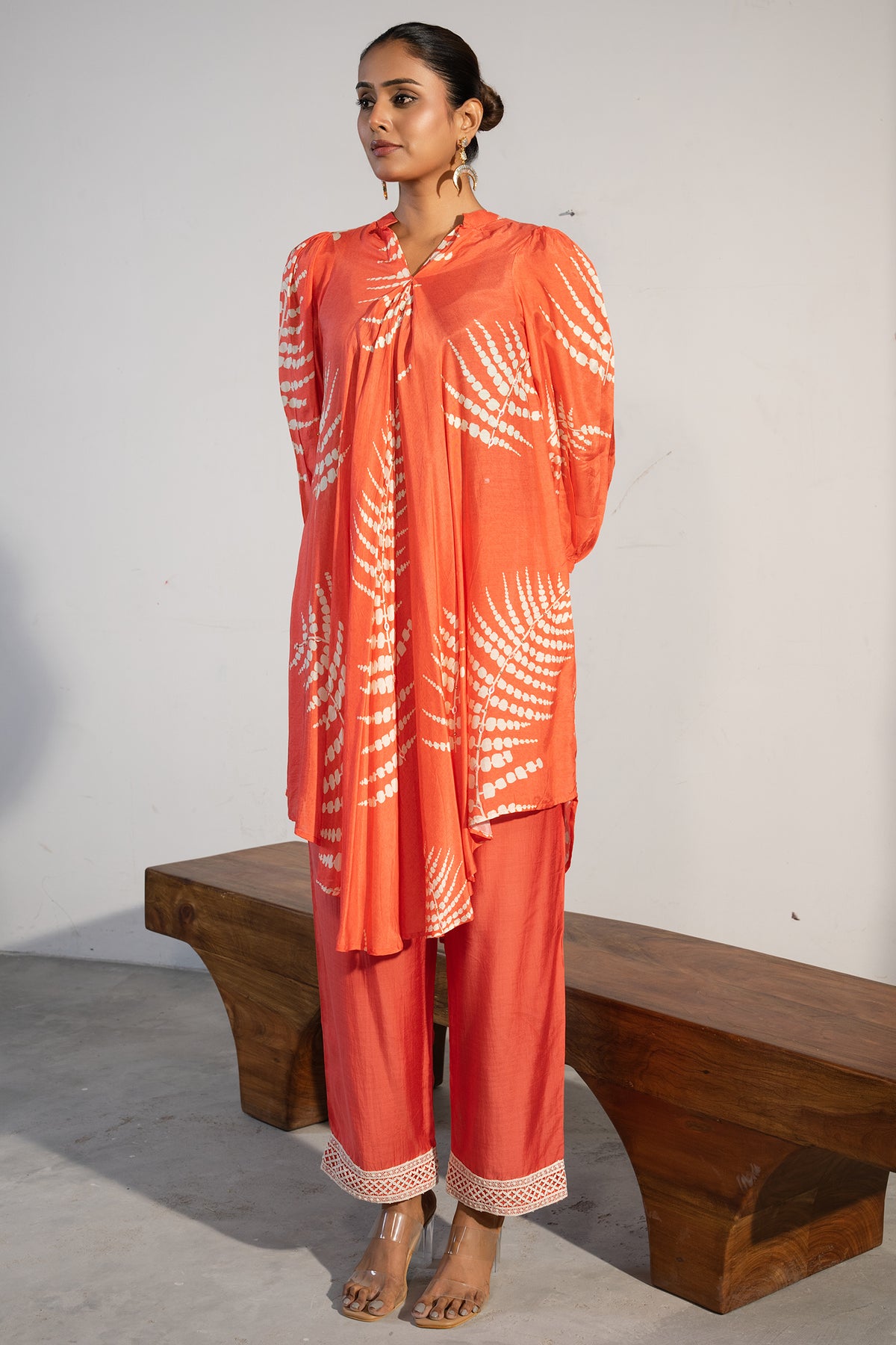 Designer Orange Crepe Printed Kurti with Pant for office wear and casual brunches
