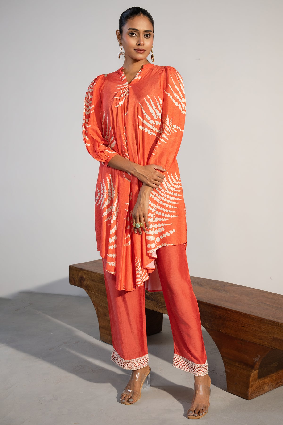 Orange Crepe Printed Kurti with Pant styled with elegant accessories