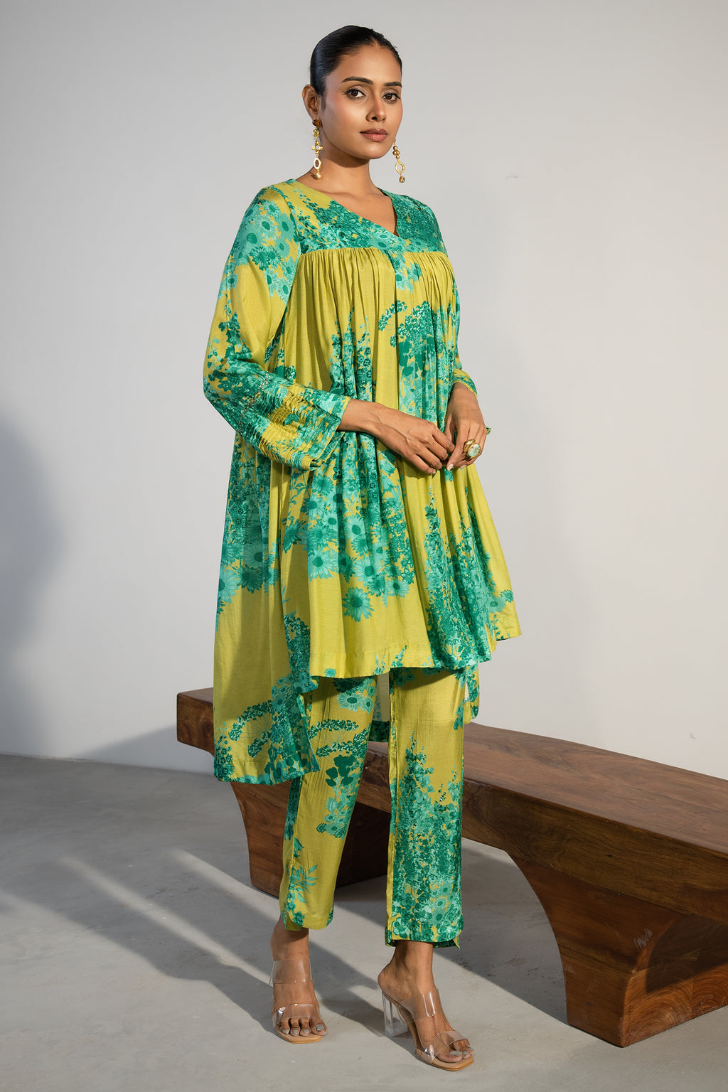 Lime Green Muslin Silk Co-Ord Set with vibrant floral prints front view