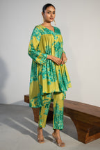 Lime Green Muslin Silk Co-Ord Set with vibrant floral prints front view