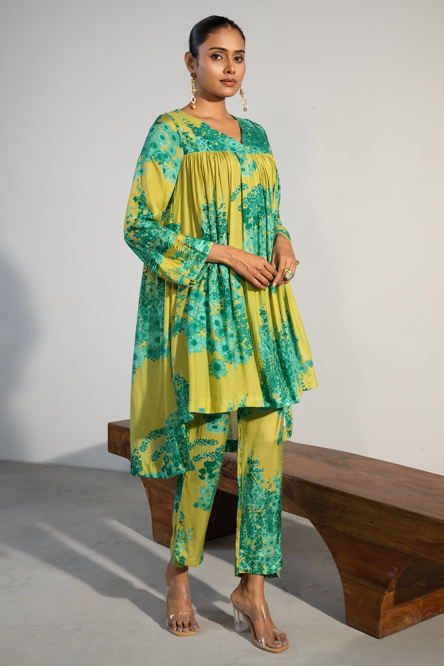 Lime Green Muslin Silk Co-Ord Set with vibrant floral prints front view