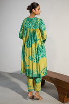 Lime Green Muslin Silk Co-Ord Set close up of premium fabric and floral design