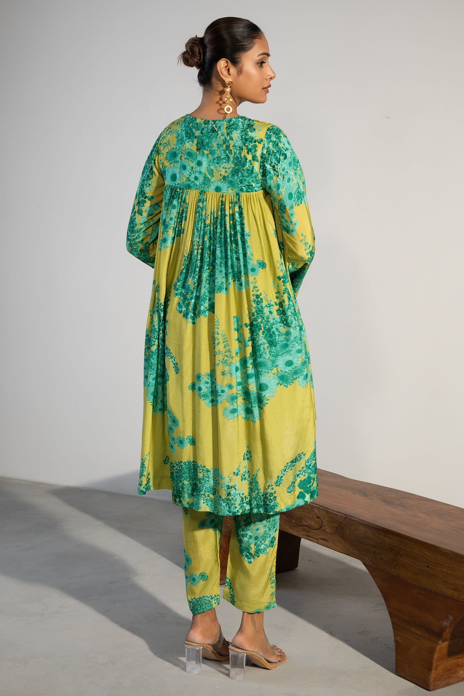 Lime Green Muslin Silk Co-Ord Set close up of premium fabric and floral design