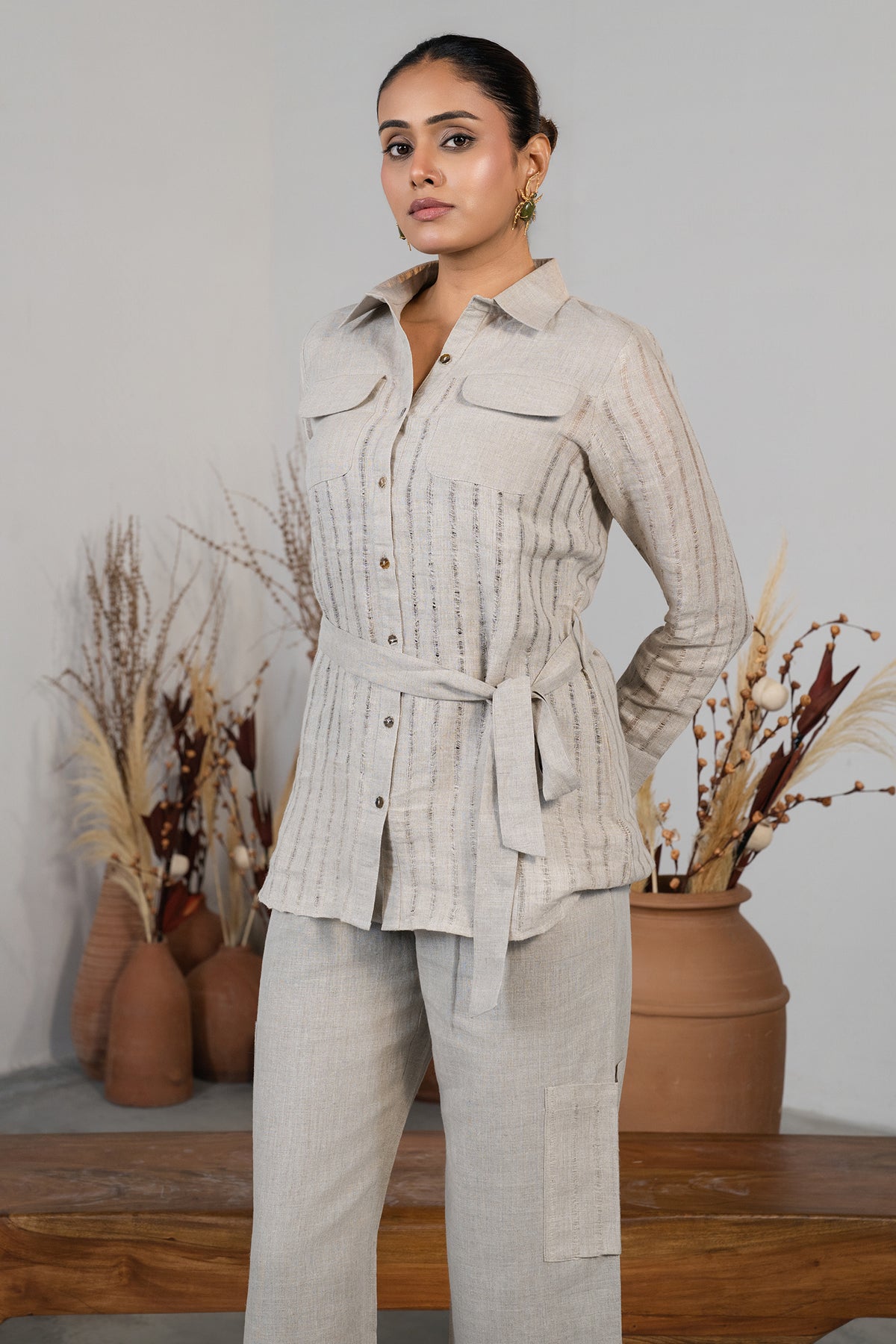 Grey Linen Co-Ord Set - grey linen saree