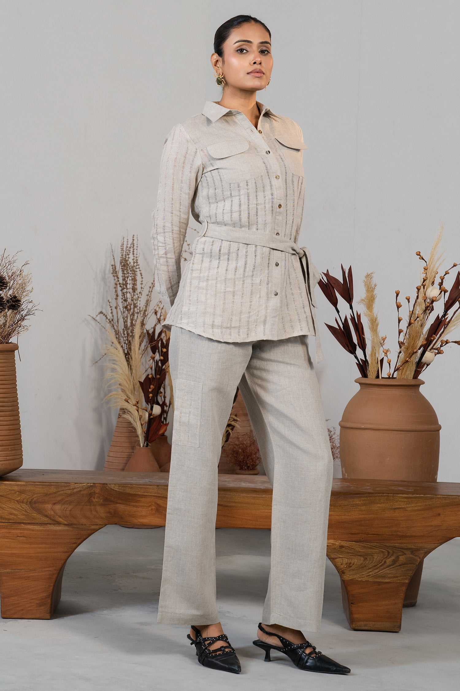 Full length silhouette of contemporary Grey Linen Co-Ord Set