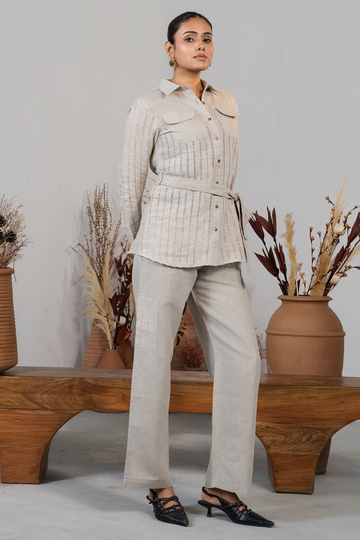 Full length silhouette of contemporary Grey Linen Co-Ord Set