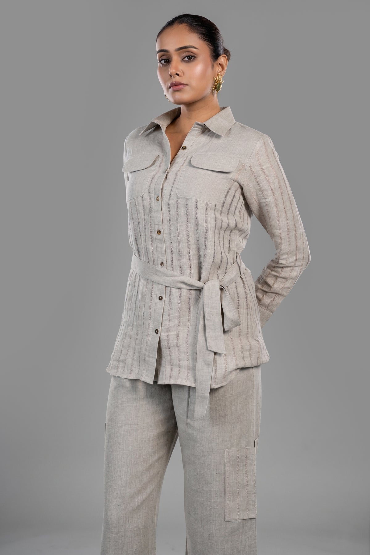 Close up of premium breathable fabric on Grey Linen Co-Ord Set