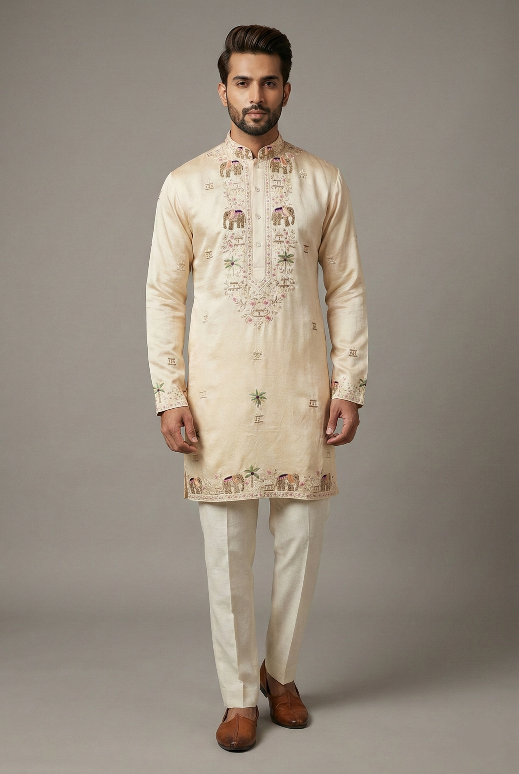 Ivory White Silk Sequin Embroidered Kurta Set - red silk saree embroidered Main image