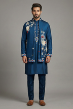 Blue Jodhpuri Kurta Set in Silk with Multi Colored Embroidery and Beads Work Jacket - red silk saree embroidery