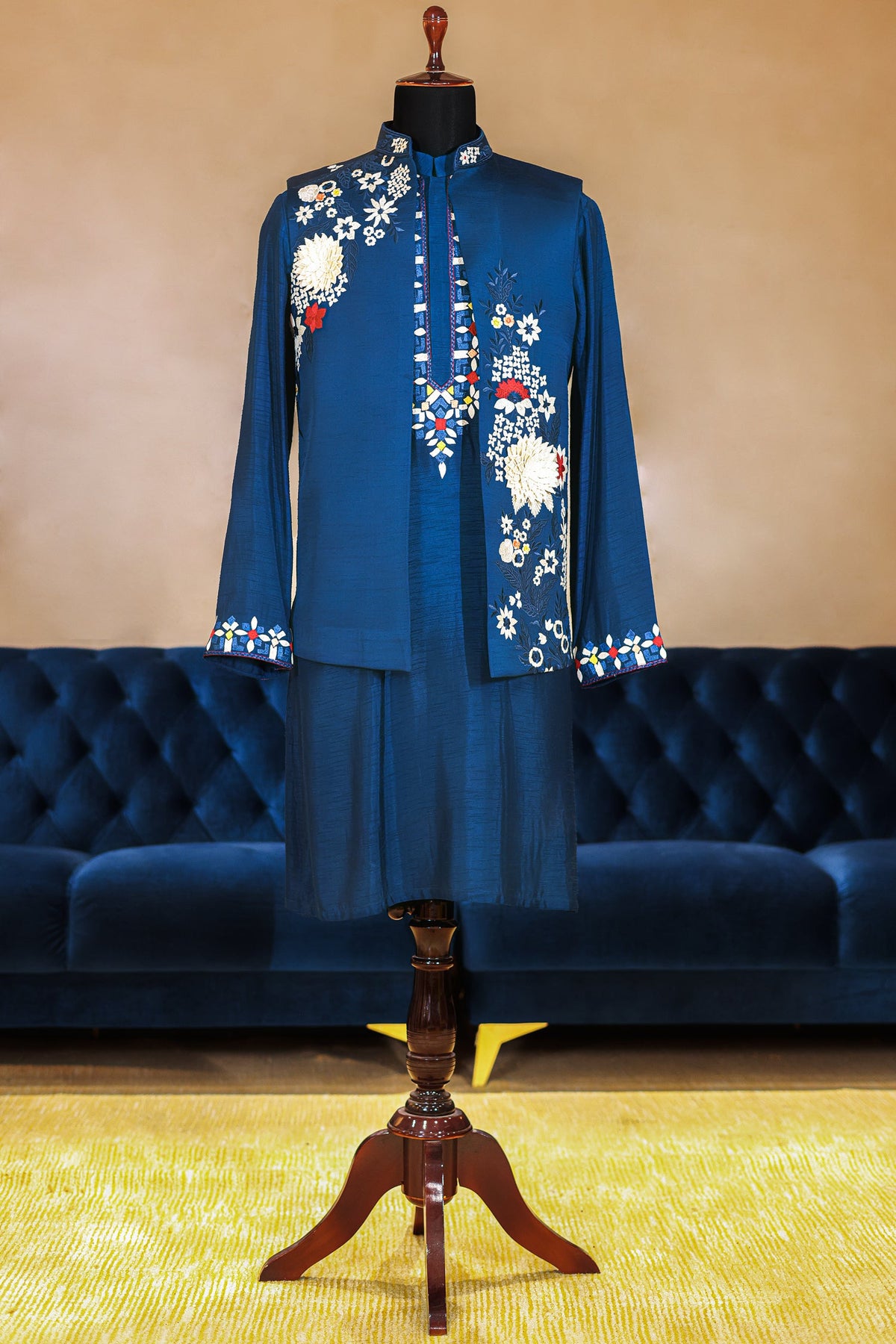 Blue Jodhpuri Kurta Set in Silk with Multi Colored Embroidery and Beads Work Jacket - red silk saree embroidery