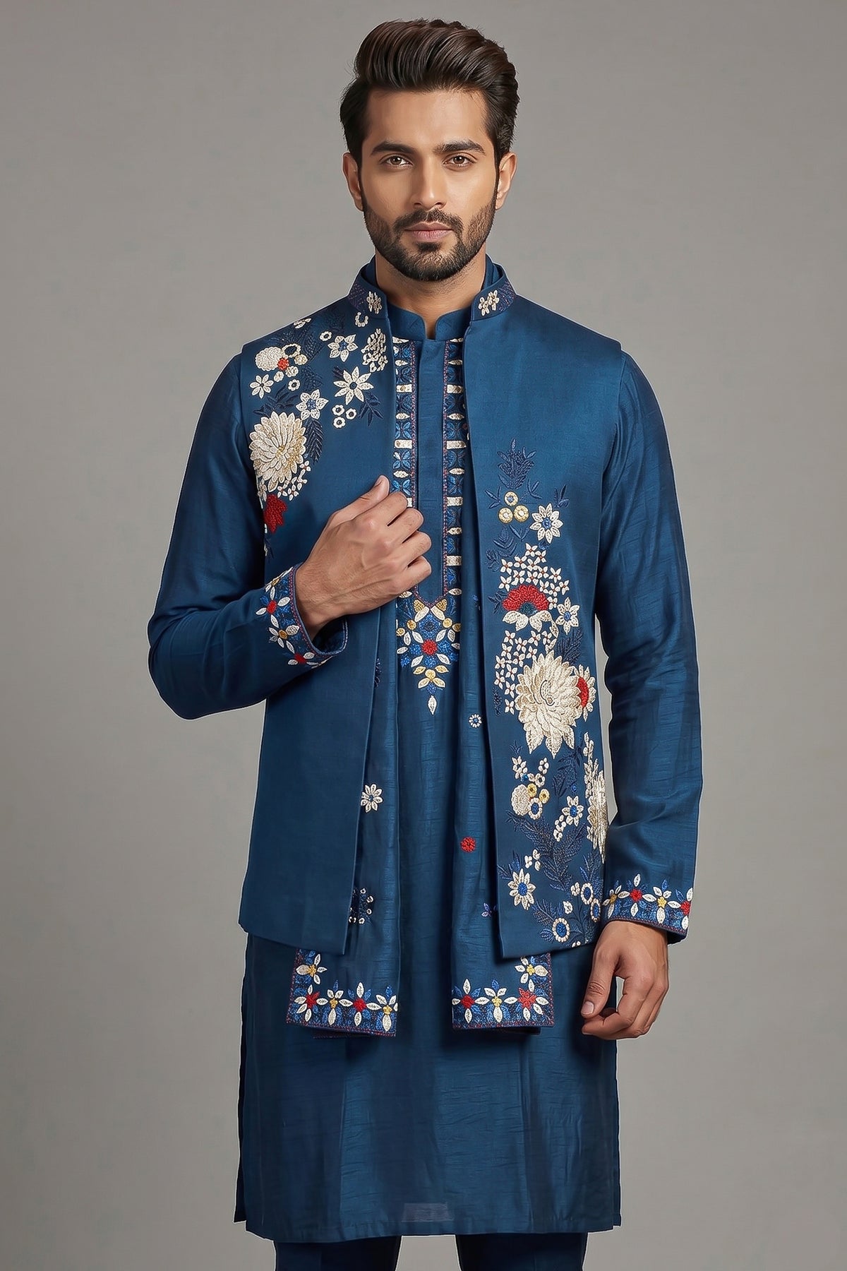 Blue Jodhpuri Kurta Set in Silk with Multi Colored Embroidery and Beads Work Jacket - red silk saree embroidery