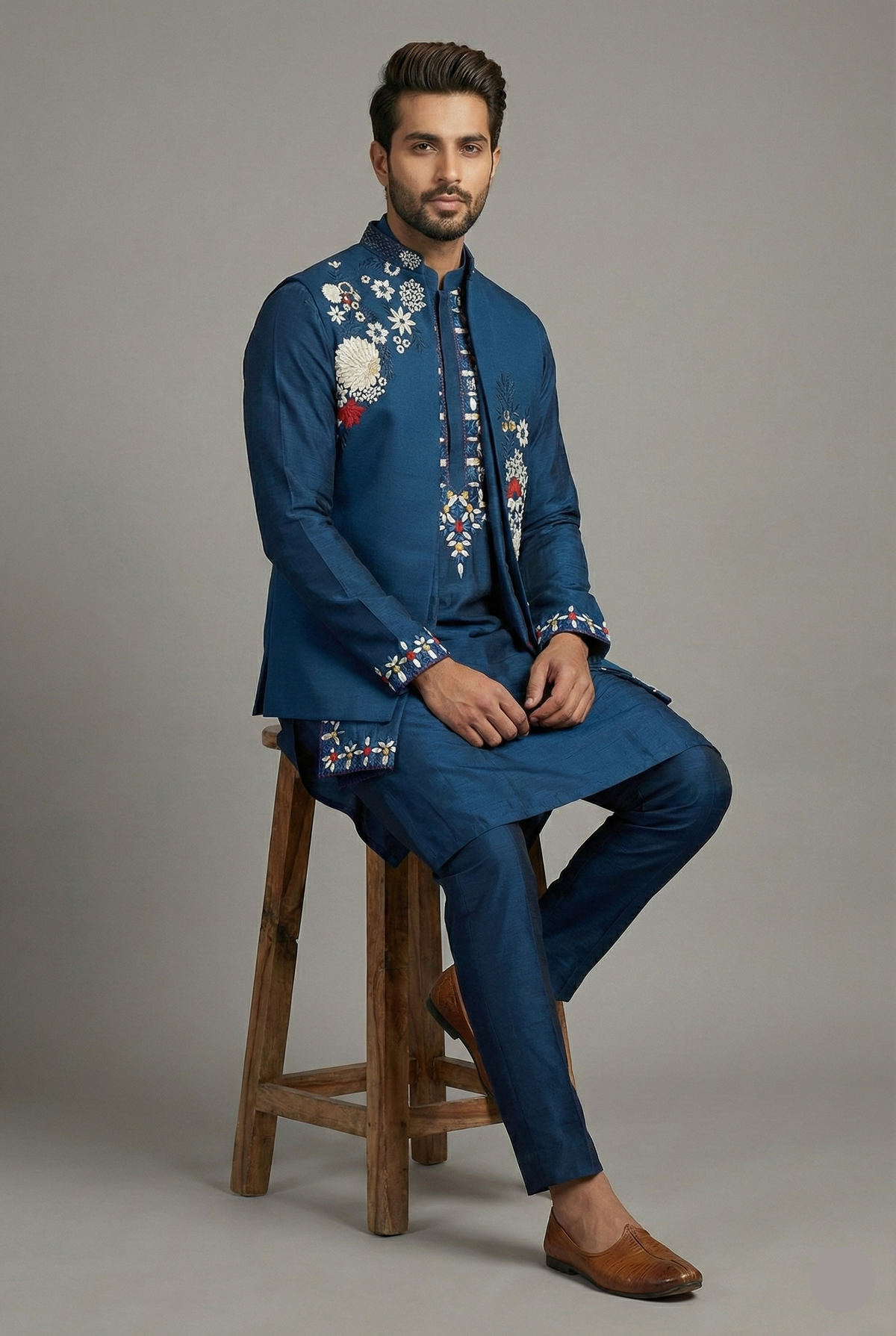Blue Jodhpuri Kurta Set in Silk with Multi Colored Embroidery and Beads Work Jacket - red silk saree embroidery