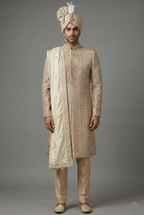 Beige Silk Embroidered Sherwani - red silk saree embroidered