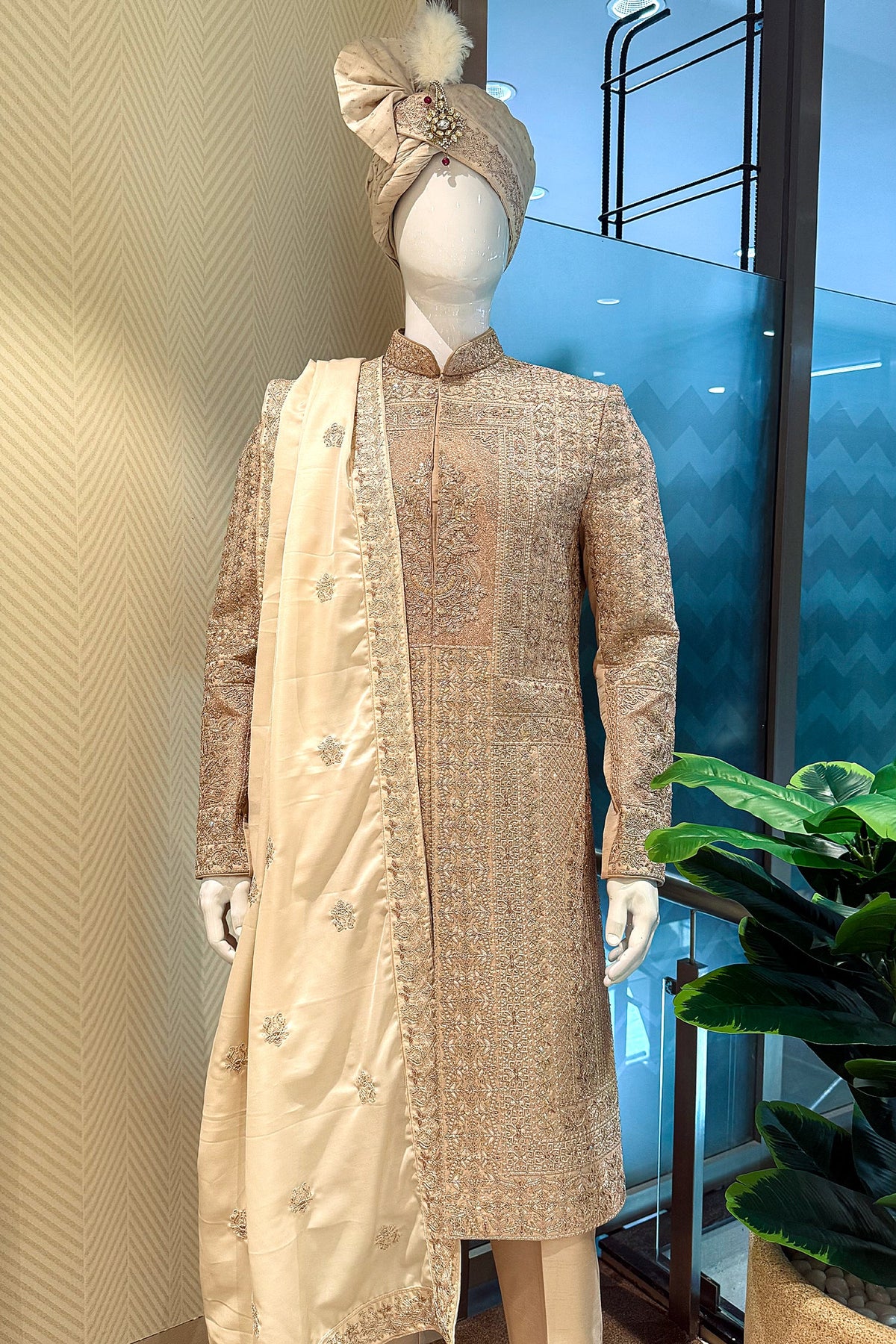 Beige Silk Embroidered Sherwani - red silk saree embroidered