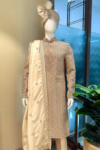 Beige Silk Embroidered Sherwani - red silk saree embroidered