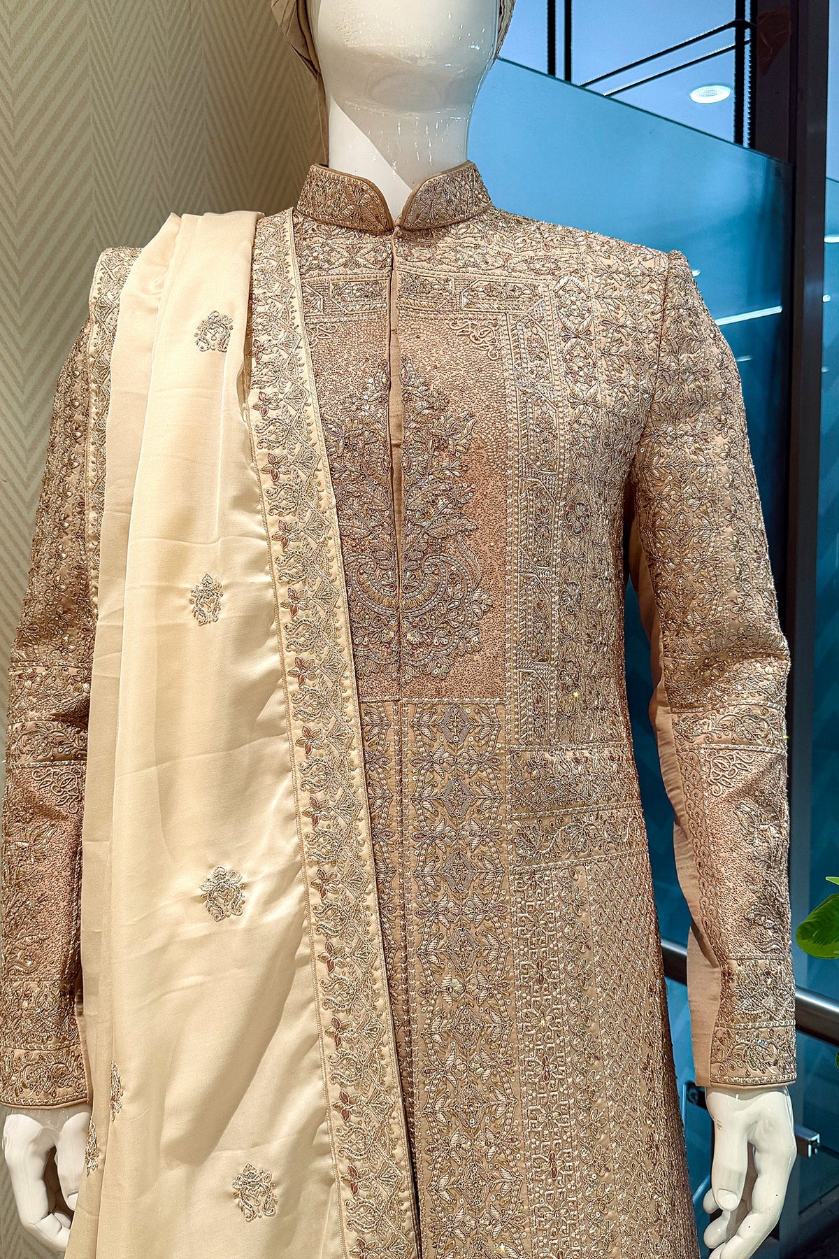Beige Silk Embroidered Sherwani - red silk saree embroidered