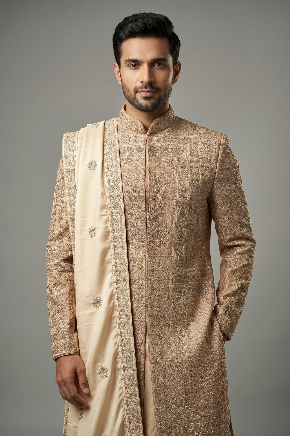 Beige Silk Embroidered Sherwani - red silk saree embroidered