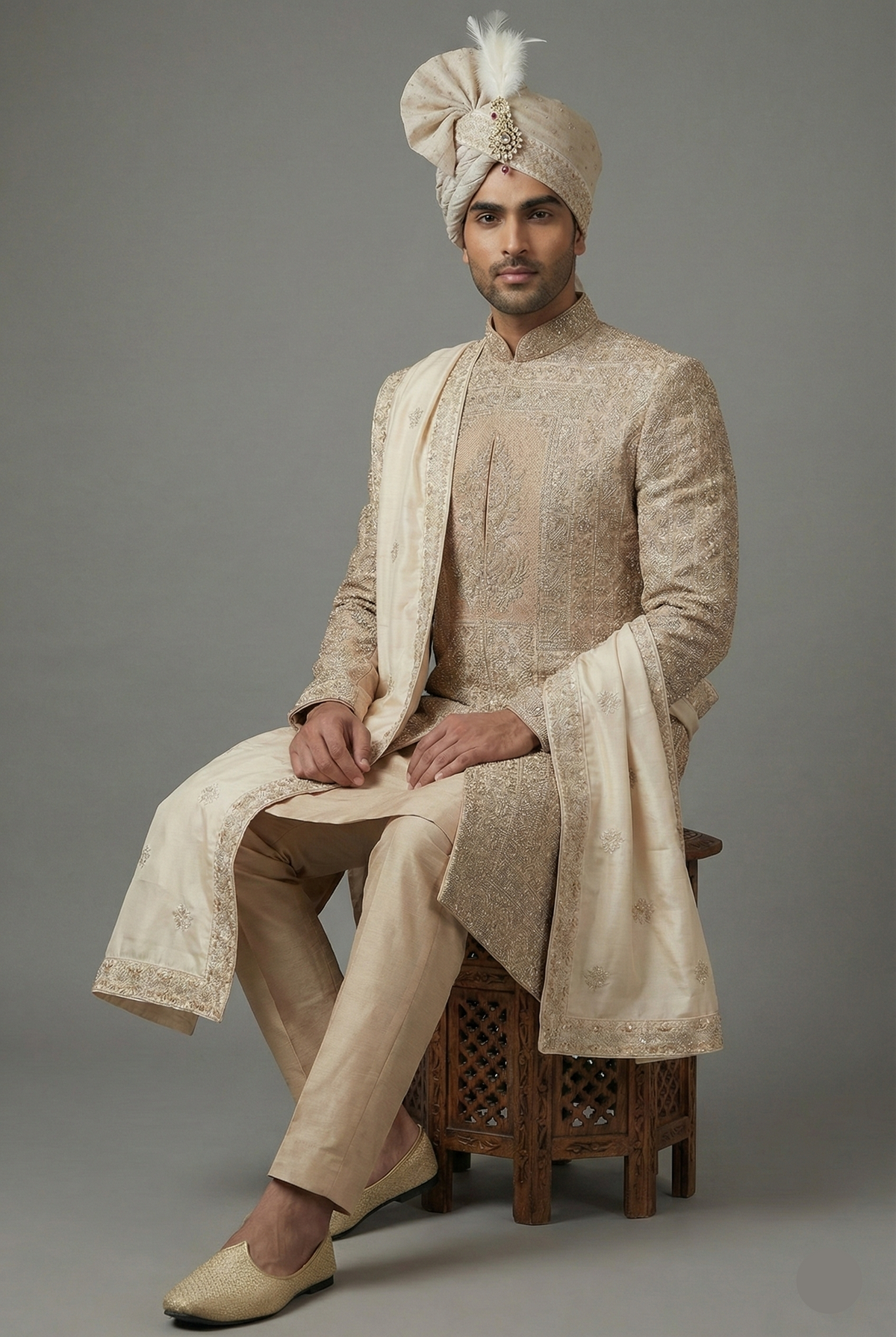 Beige Silk Embroidered Sherwani - red silk saree embroidered
