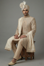 Beige Silk Embroidered Sherwani - red silk saree embroidered