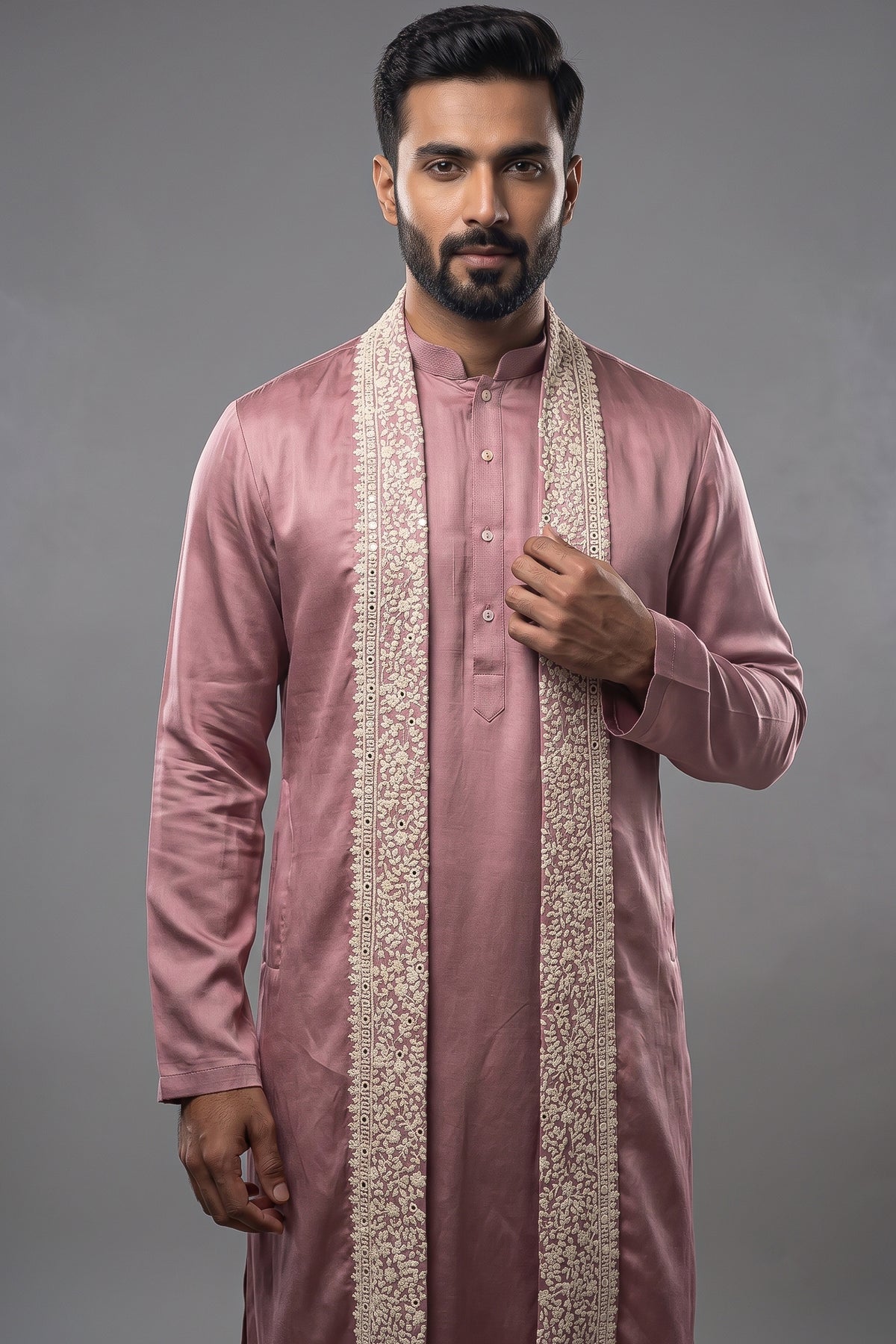Onion Pink Silk Mirror Embroidered Kurta Pajama - red silk saree embroidered
