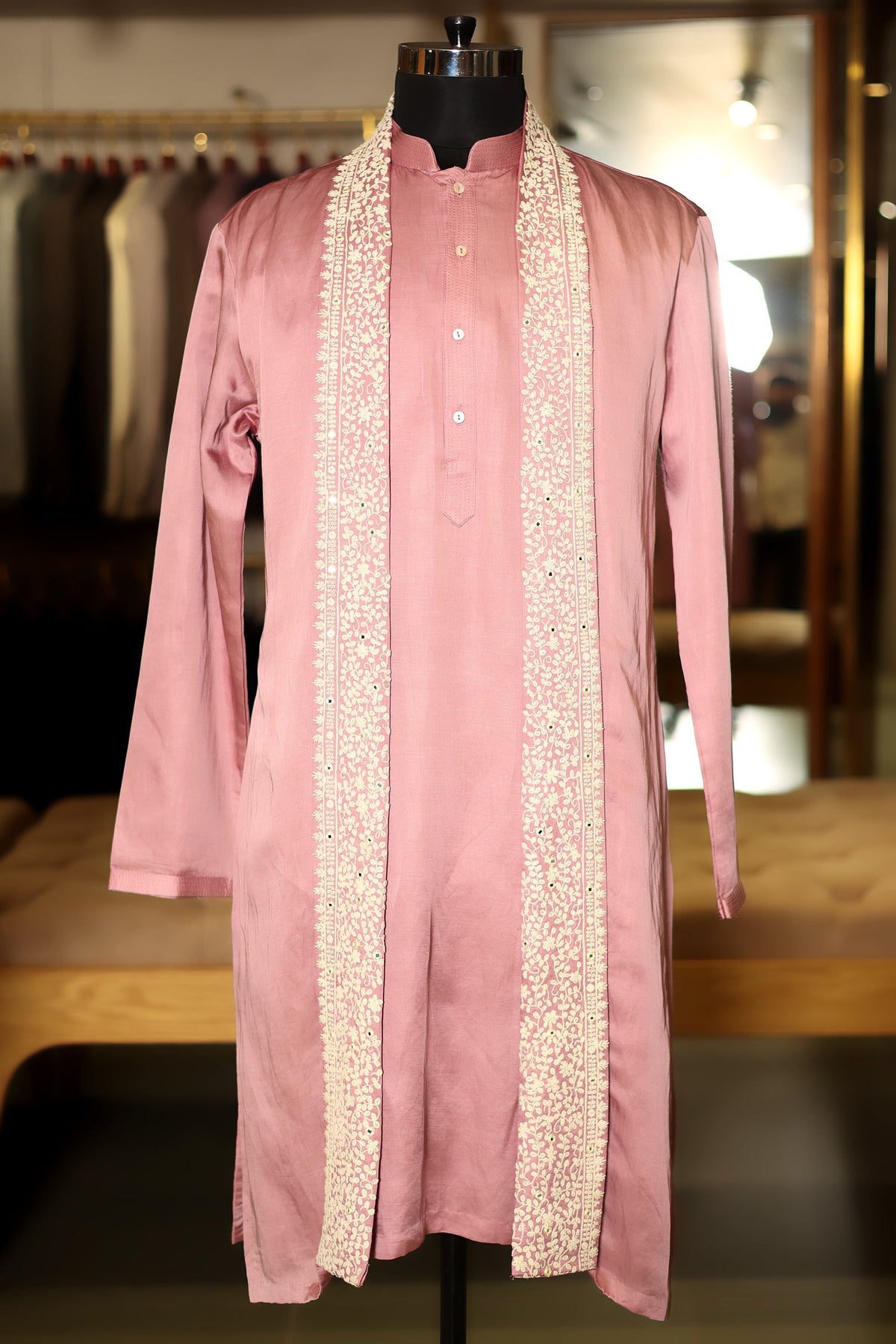 Onion Pink Silk Mirror Embroidered Kurta Pajama - red silk saree embroidered