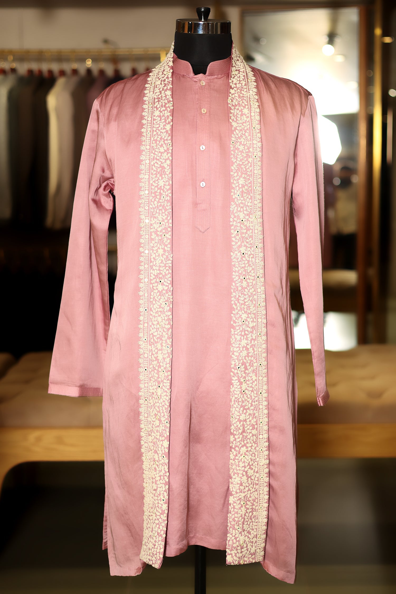 Onion Pink Silk Mirror Embroidered Kurta Pajama - red silk saree embroidered