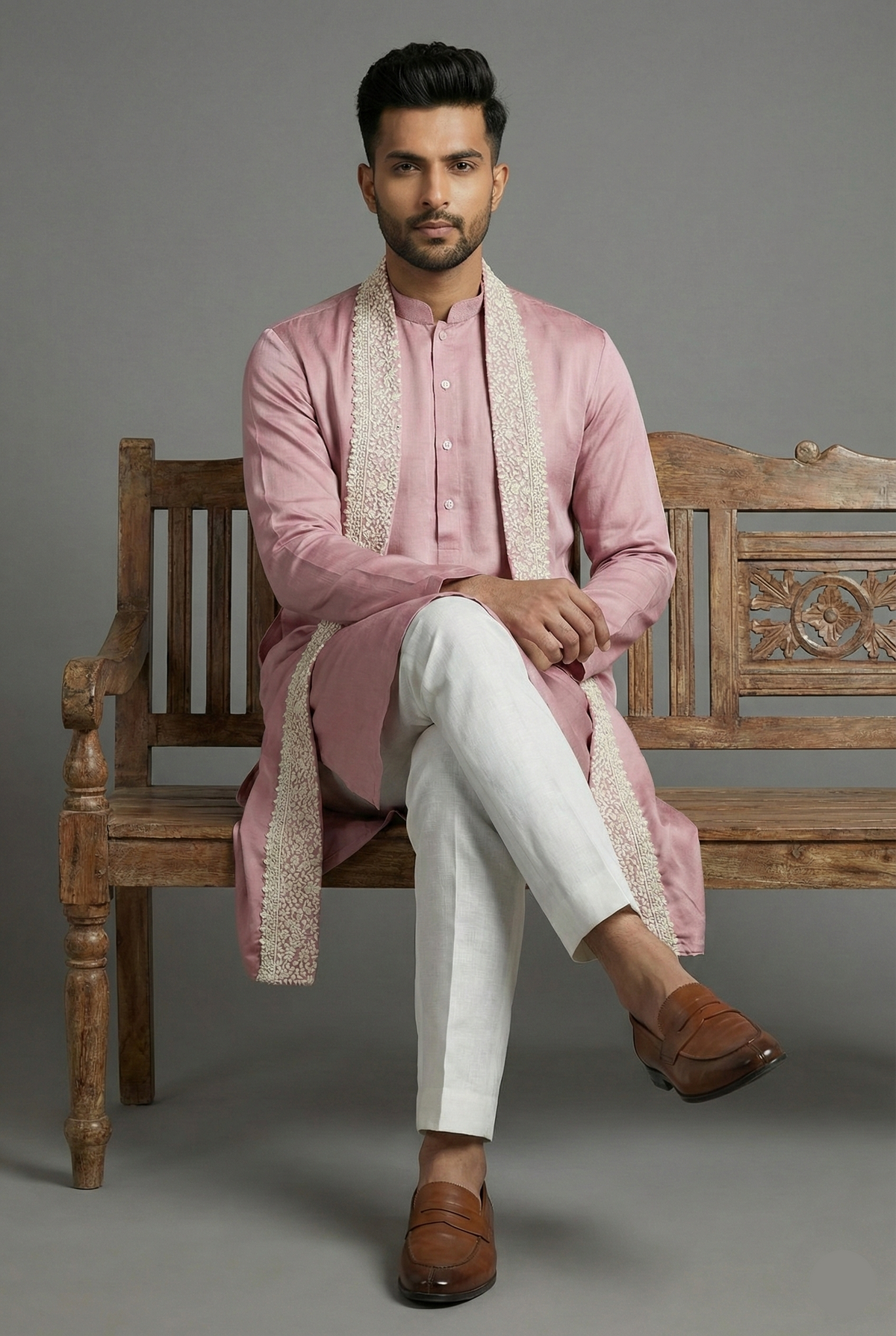 Onion Pink Silk Mirror Embroidered Kurta Pajama - red silk saree embroidered