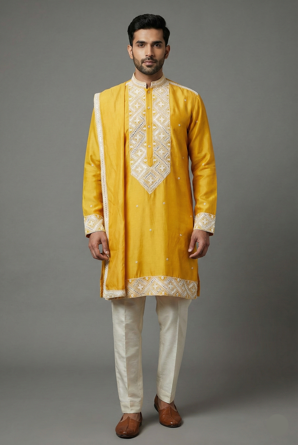 Yellow Silk Mirror Embroidered Kurta Pajama - red silk saree embroidered