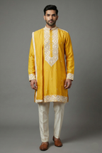 Yellow Silk Mirror Embroidered Kurta Pajama - red silk saree embroidered