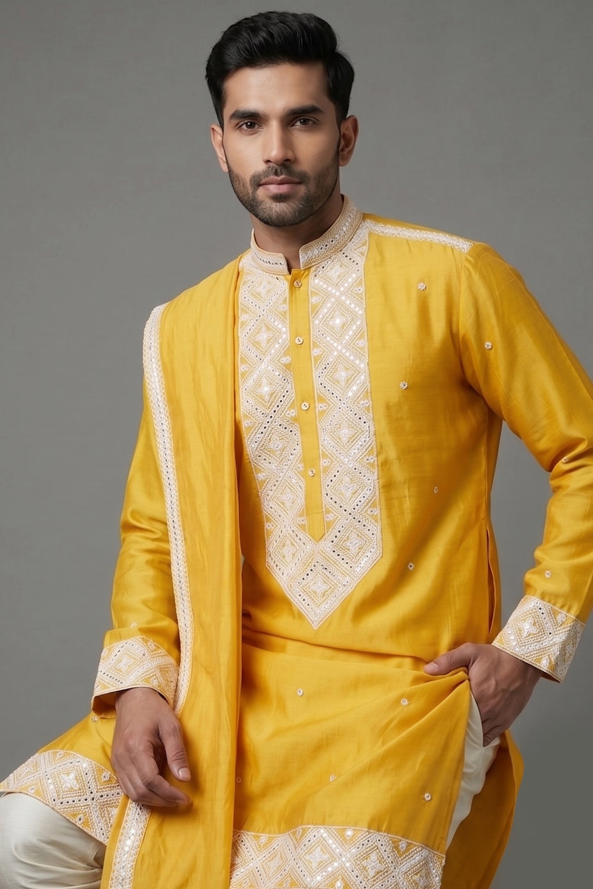 Yellow Silk Mirror Embroidered Kurta Pajama - red silk saree embroidered