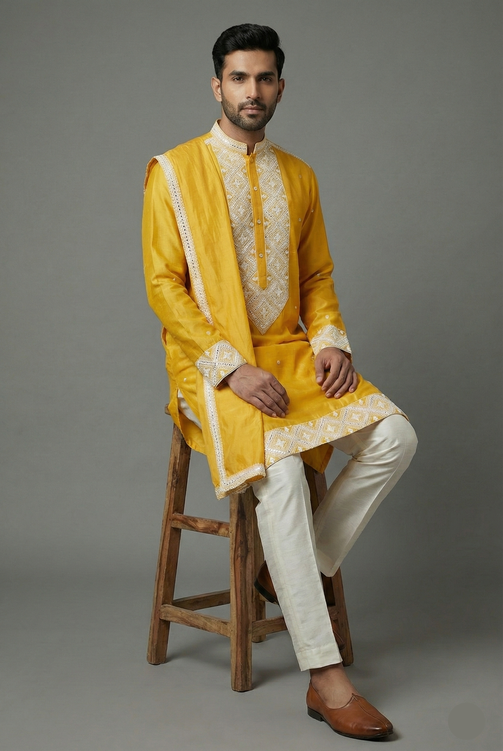 Yellow Silk Mirror Embroidered Kurta Pajama - red silk saree embroidered