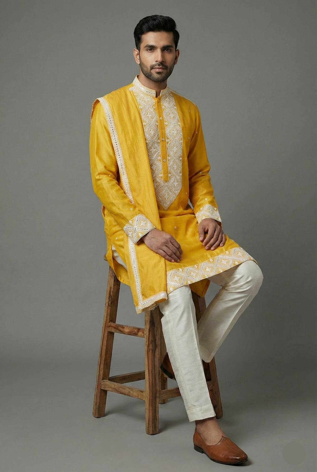 Yellow Silk Mirror Embroidered Kurta Pajama - red silk saree embroidered