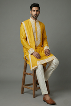 Yellow Silk Mirror Embroidered Kurta Pajama - red silk saree embroidered