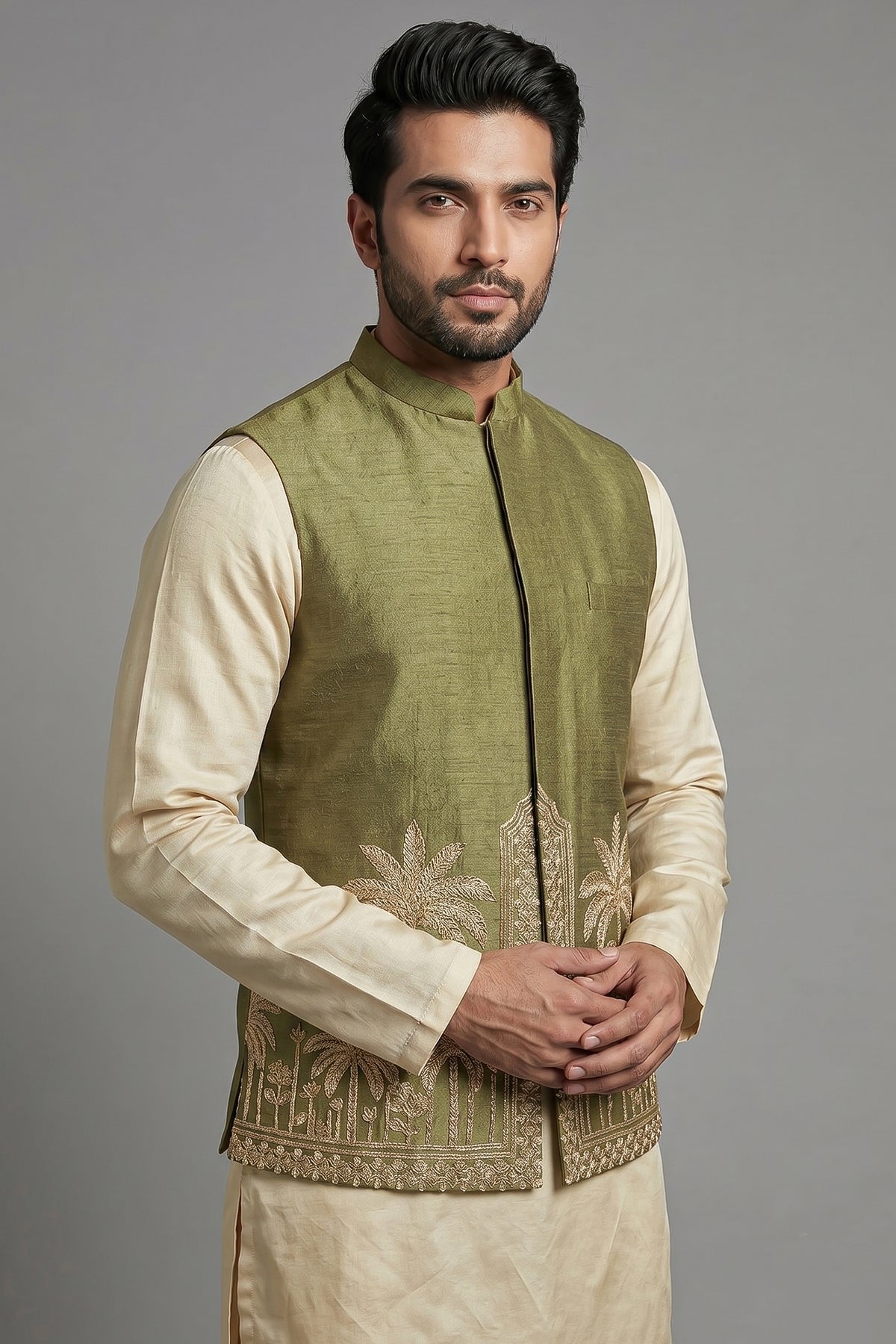 Olive Green Modal Silk Kurta Set with Zardosi Cutdana Worked Jacket - green silk saree