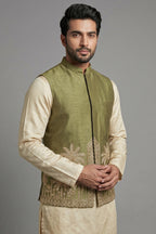 Olive Green Modal Silk Kurta Set with Zardosi Cutdana Worked Jacket - green silk saree
