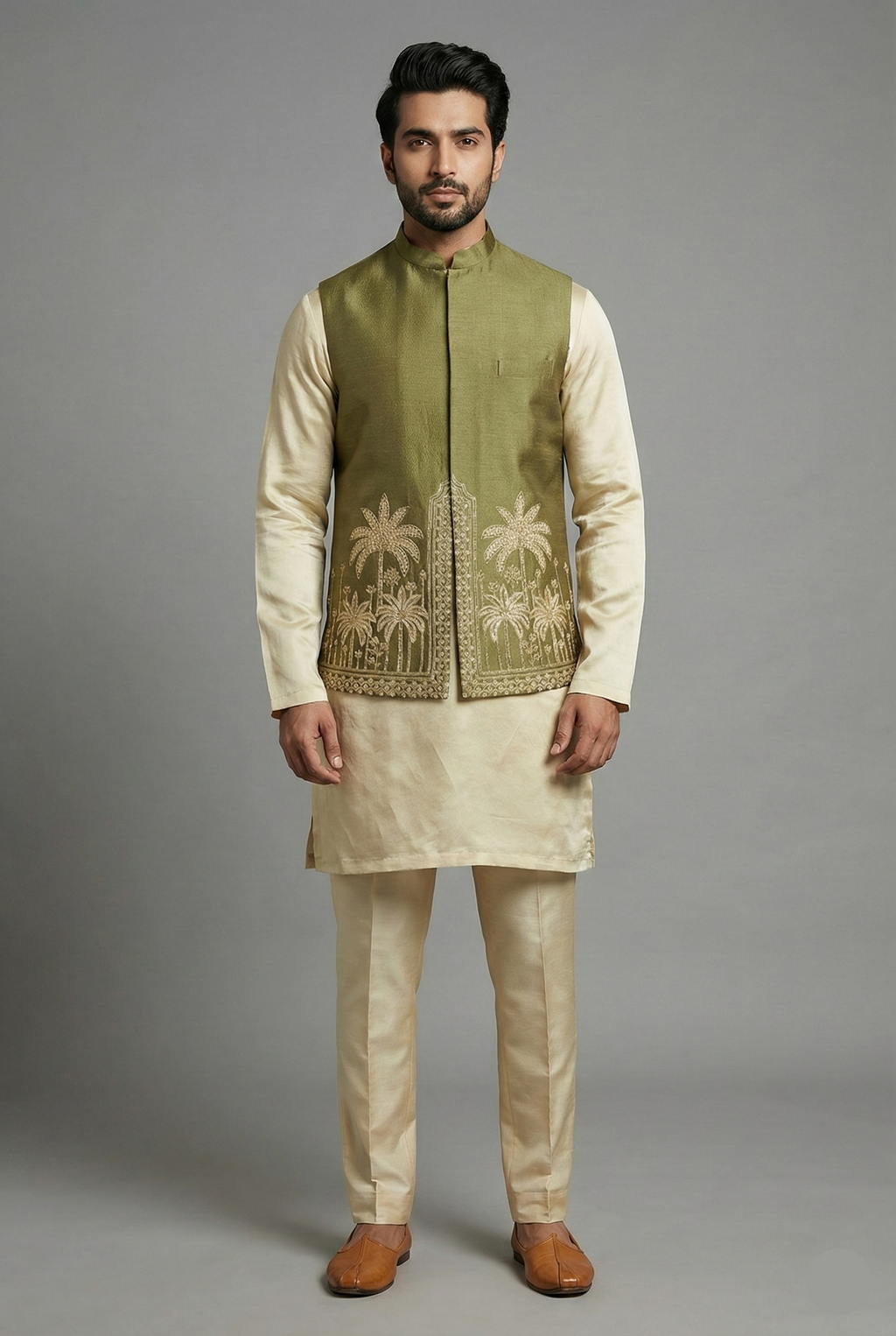 Olive Green Modal Silk Kurta Set with Zardosi Cutdana Worked Jacket - green silk saree