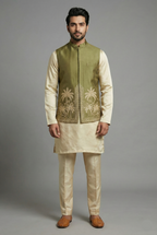 Olive Green Modal Silk Kurta Set with Zardosi Cutdana Worked Jacket - green silk saree